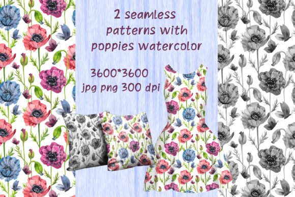 2 Patterns with Poppies Watercolor: Versatile Digital Art for Creative Projects